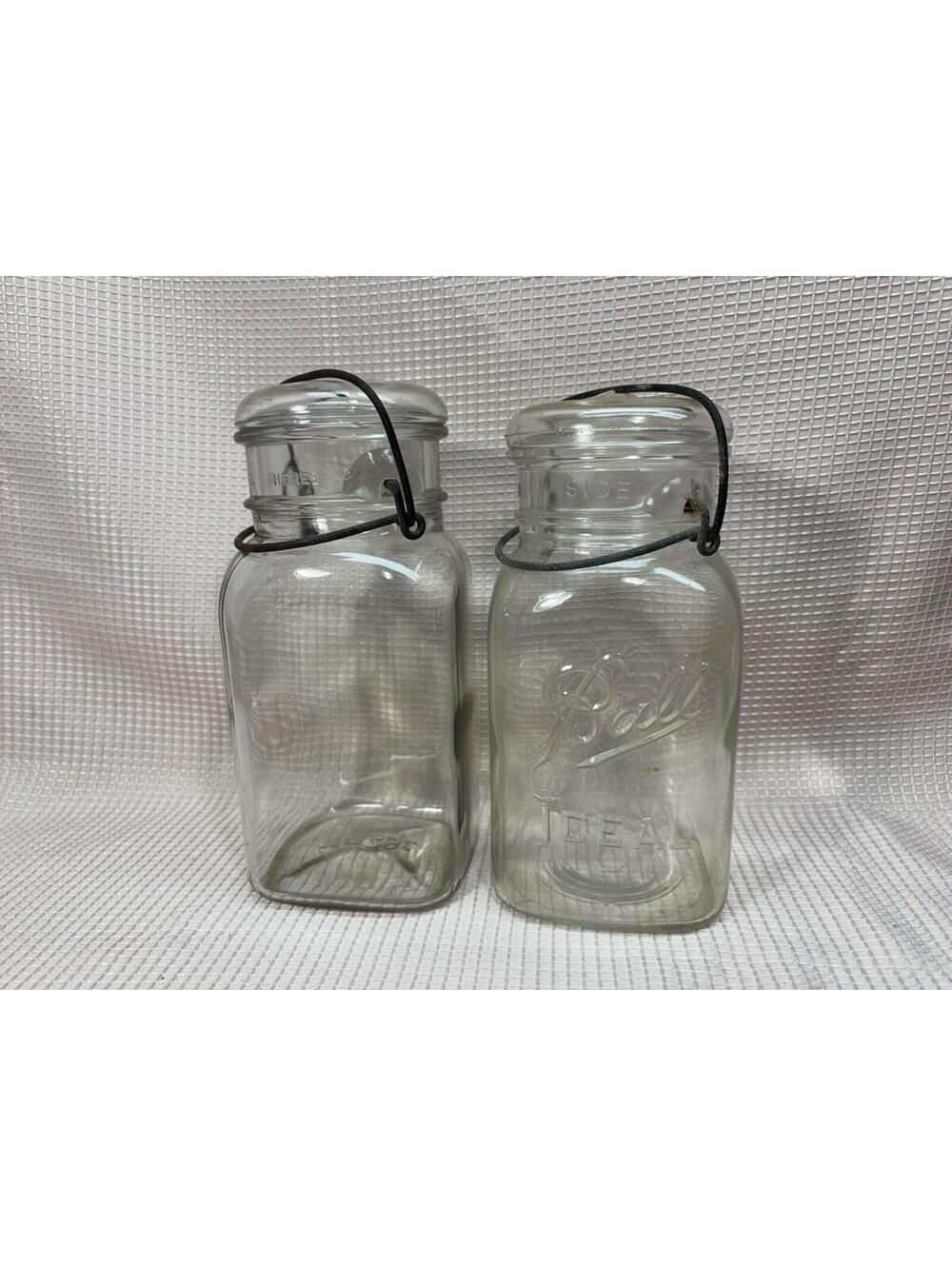 Vintage Set of 2 - Ball Canning Jar Clear Square Glass And Wire Lids